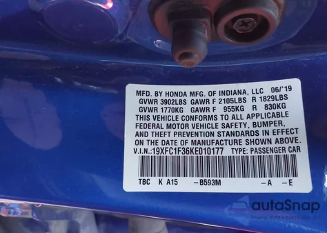 2019 Honda Civic Ex из США, поврежденный, VIN 19XFC1F36KE010177